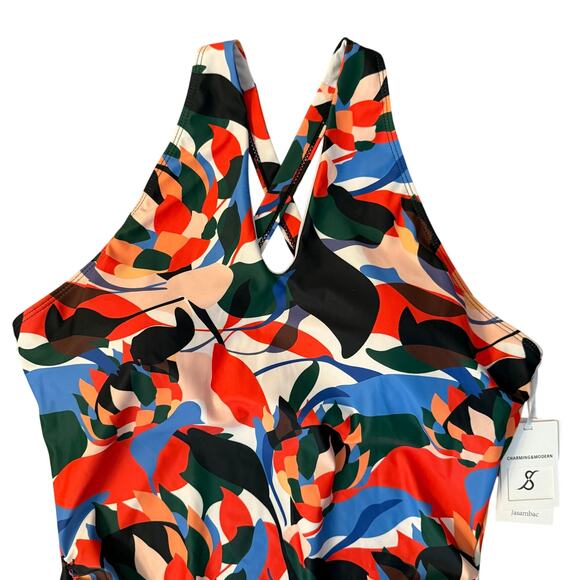 Jasambac Modest Swim Dress Size L Floral Print One Piece Skirted New NO BRIEFS - Picture 3 of 11